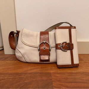 Coach 9248 Soho Buckle White/Brown Leather Flap Shoulder Bag and Wallet Set